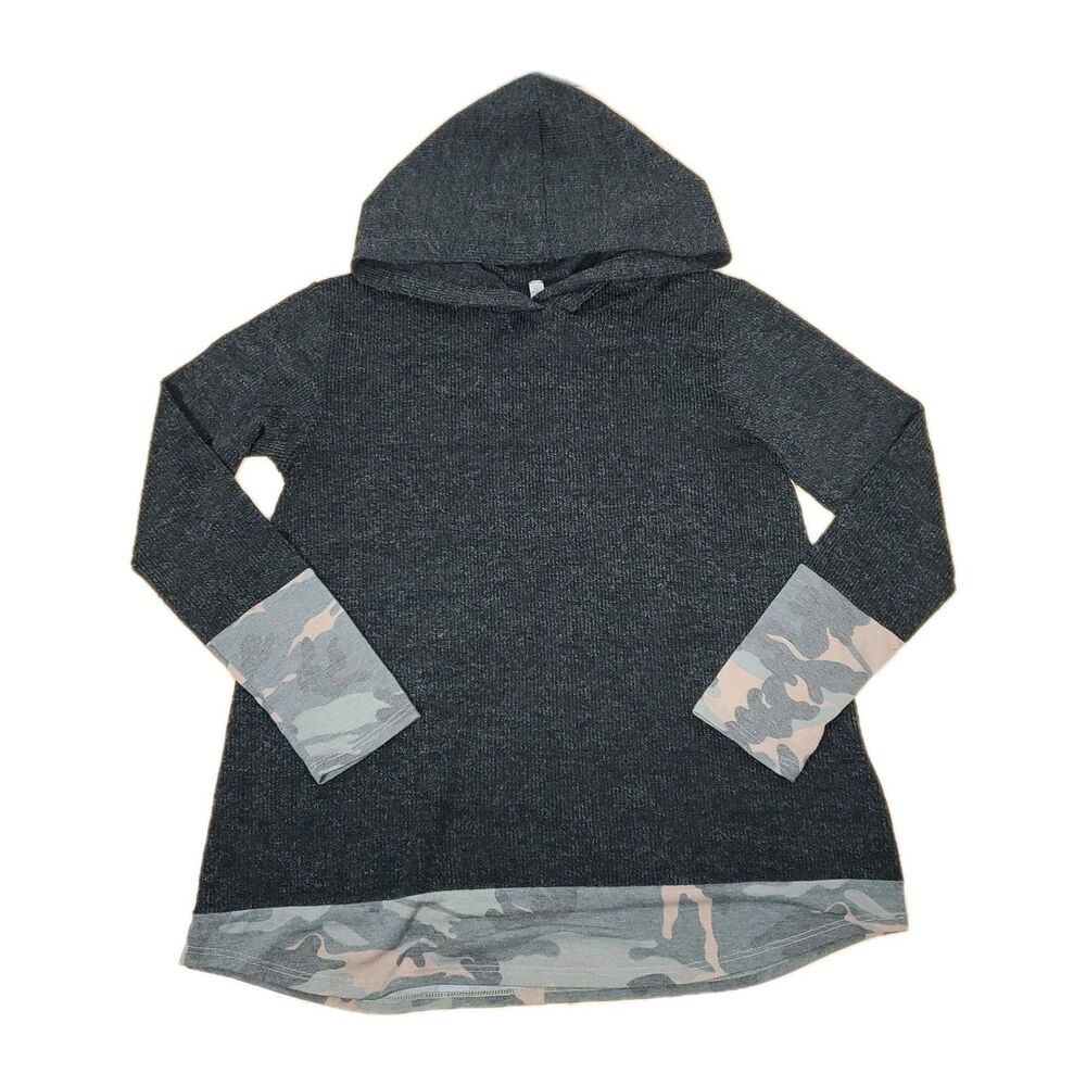 Magic Fit Women's Sz M Charcoal Gray Black Hoodie Camo Long Sleeve Pullover